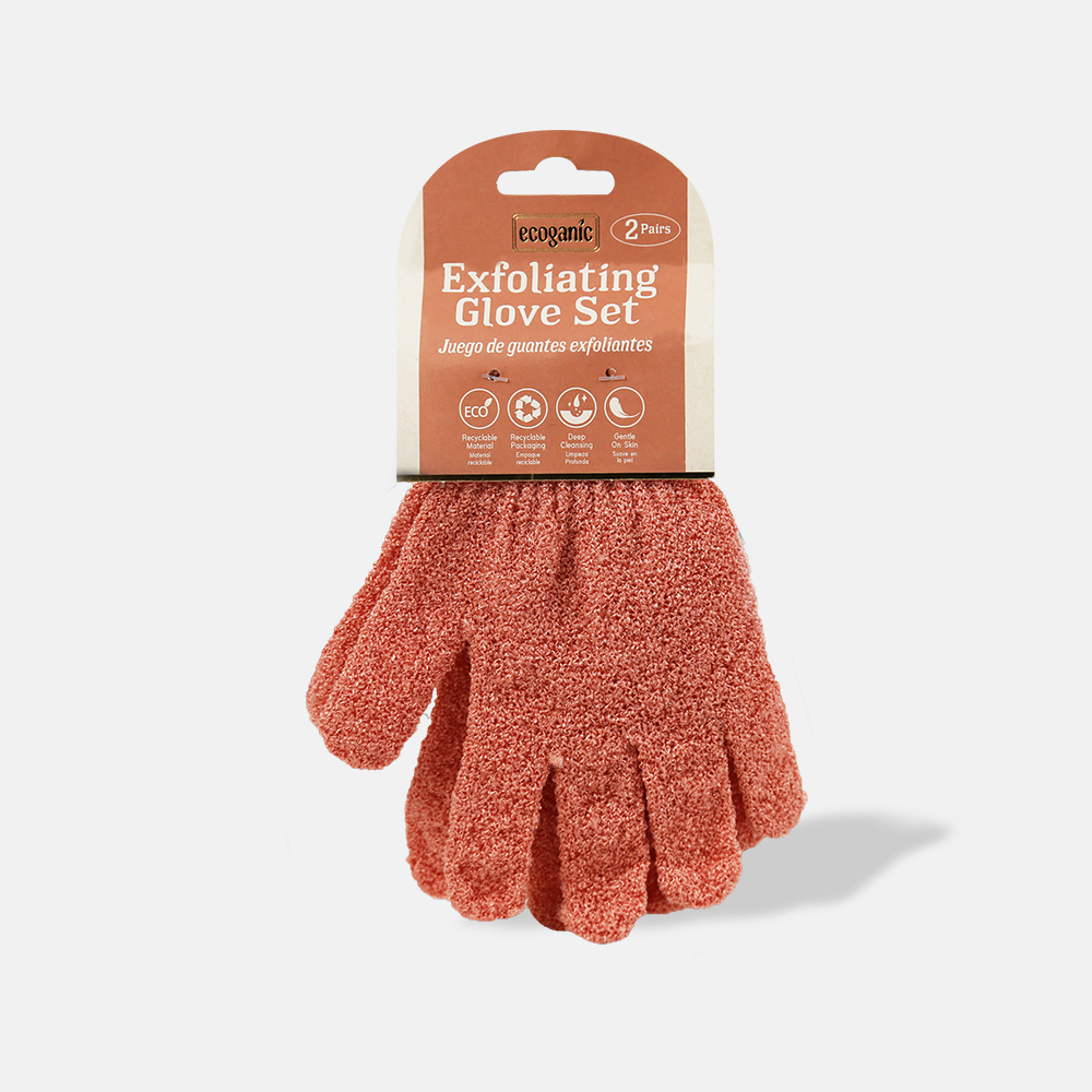 a pair of shower exfoliating gloves in a package