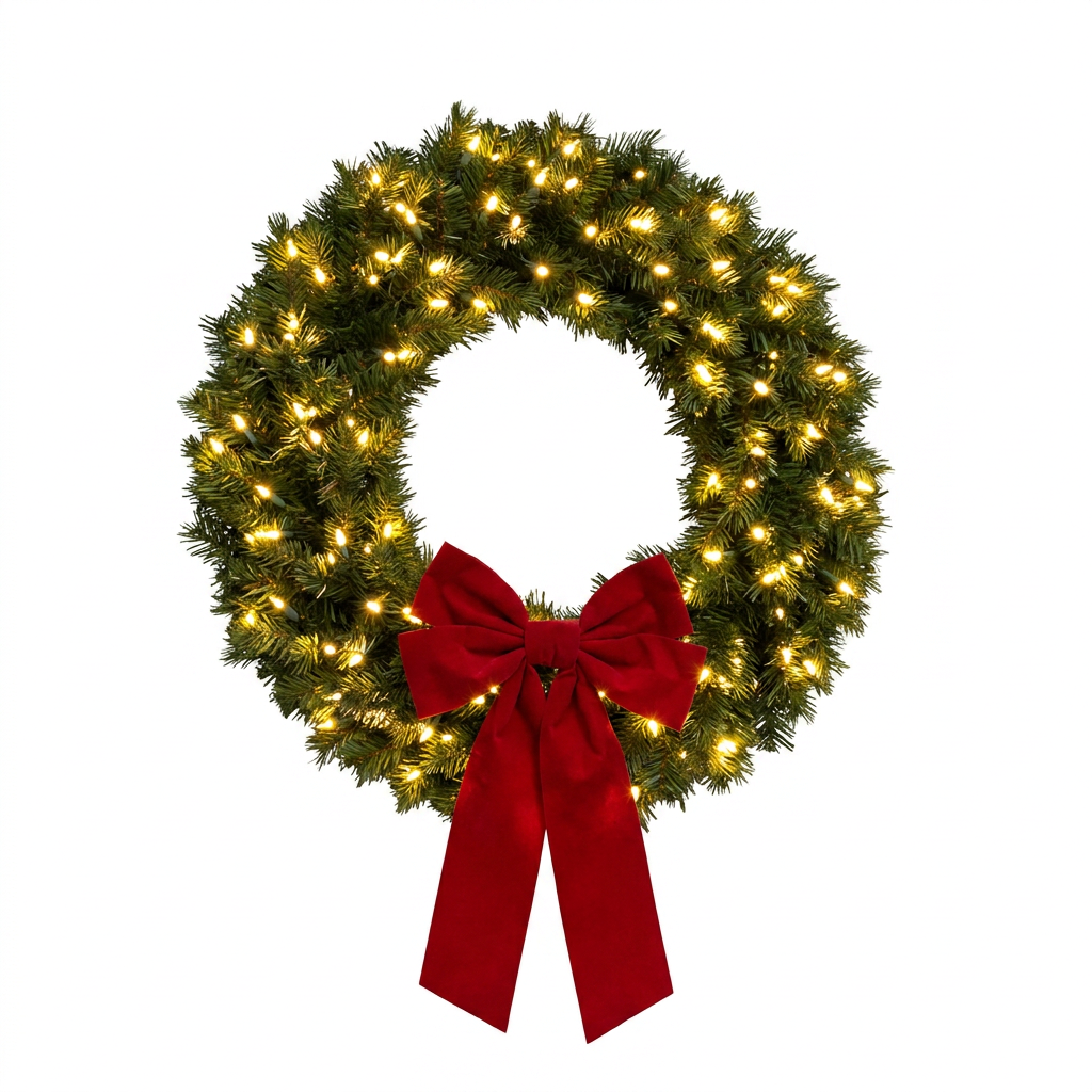Pre-Lit Christmas Wreath – Beautiful 24″ Velvet Bow Holiday Decor